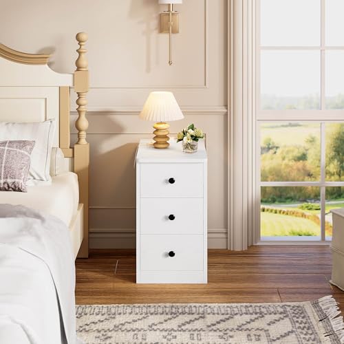 Image of LIKIMIO Nightstand with Charging Station, Narrow Bedside Table with 3 Drawers, End Table with USB Ports and Outlets, Side Table for Living Room /Bedroom Modern