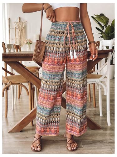 SHENHE Women's Bohemian Graphic Palazzo Pants Elastic Wide Leg High Waisted Boho Trousers4