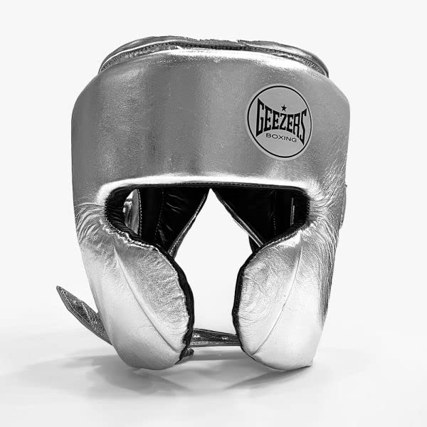 Geezers Boxing Elite Pro 2.0 Sparring Cheek head-guard, Ultra-durable Leather Material, layered padding protection Headguard for Boxing, MMA & Martial Arts, Men and women’s (Silver, XL)