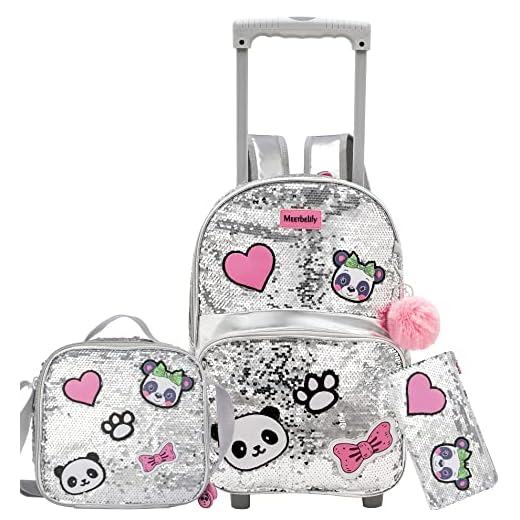 Meetbelify Girls Rolling Backpack Sequin Rolling Backpacks with Wheels for Girls for Elementary Preschool Cute Panda Roller Luggage with Lunch Box for 6-12 Girls