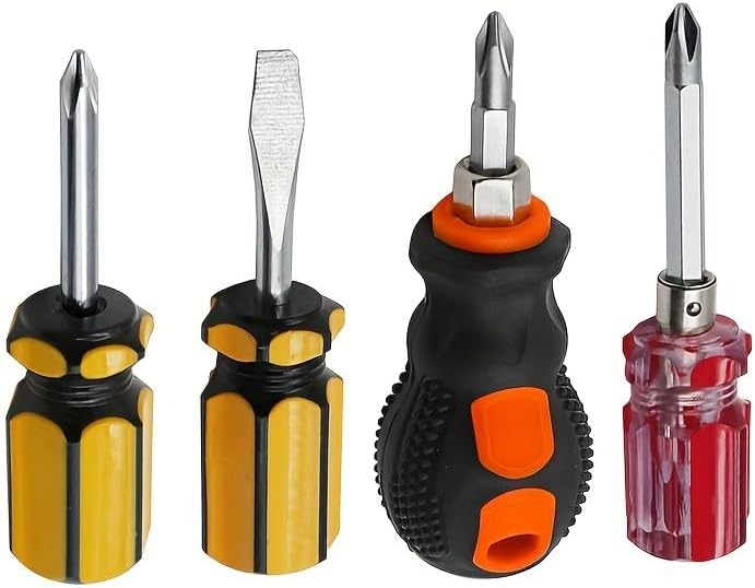 Set of 4 Mini Screwdrivers with Magnetic Dual-Purpose Slotted Spline Ends, Featuring Ultra-Short Flat Heads. (mixed Color,4)