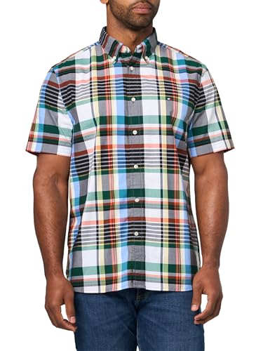 Tommy Hilfiger Men's Short Sleeve Poplin Shirts in Regular Fit, Men's Button Down Shirts, White/ Check Optic Blue, S