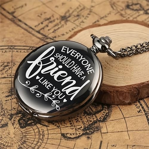 Image of Vintage Gandhi Style Pocket Watch with Engraved Designs & Messages Royal Black Analog for Men Women & Kids Includes Key Ring for car or Bike Keys Ideal Gift