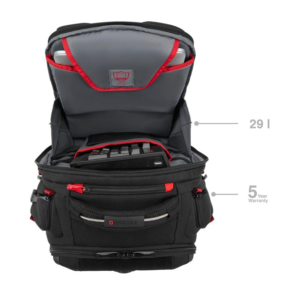 WENGER PlayerOne Gaming Laptop-Rucksack, Notebook bis 17 Zoll, Tablet bis 12 Zoll, Organizer, 29 l, Damen Herren, Business Uni Schule Reisen, Schwarz, 611650
