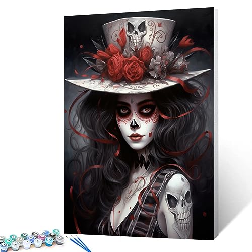 Aihonmin Day of The Dead Paint by Numbers Kits for Adults Clown DIY Canvas Oil Painting Acrylic Pigment Kits Skull and Flowers Paint by Number Home Wall Art Decor Gift Artwork 16x20In(Frameless)