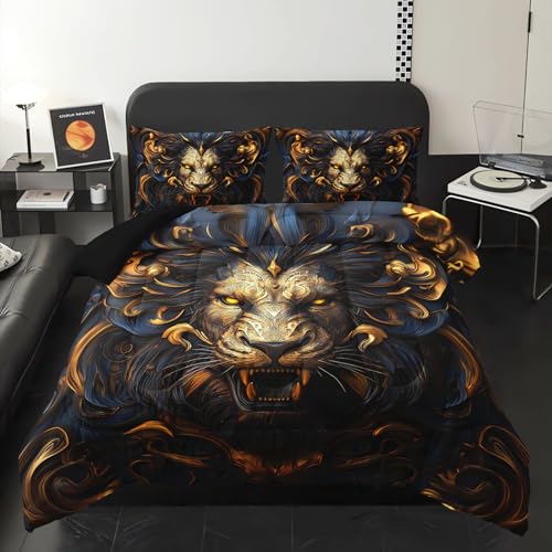 Image of Black and Gold Lion Comforter Set Queen Bed Set,Lion Animal Print Bedding Queen Size,with 1 Comforter with 2 Pillow Case,Animal Themed Bedroom Decor