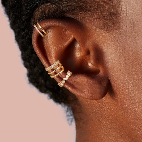Dochais 3 Stück Ear Cuff Gold Silber Fake Piercing Ohrringe Ohrclips Damen Ohne Ohrlöcher CZ Wrap Funkelnde Runde Huggie Clip Ohrringe Fake Helix Knorpel Earcuffs in Geschenkbox für Mädchen G