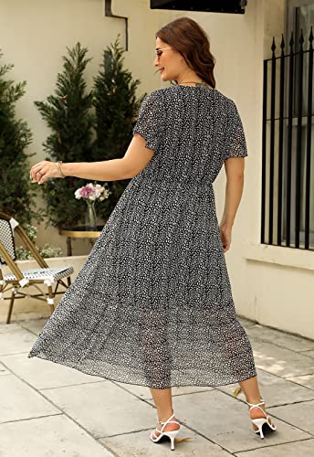 Image of Nemidor Plus Size Women Casual Maxi Dresses Print Bobo Belted Layered Chiffon Summer Long Dress with Ruffle Sleeve