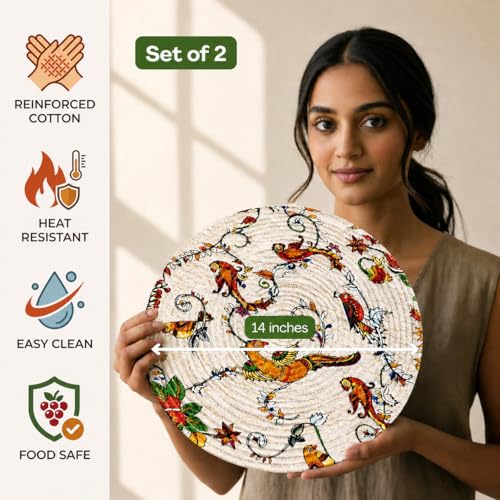 Image of Premium Round Cotton Dining Table Mats Set of 2 | Washable Heat Resistant Food Mat | Circular Dining Table Hot Plate Mats & Coaster for Hot Utensil (14-inch, Boho Quilt /Beige)