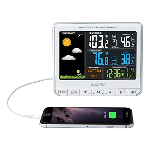 La Crosse Technology 308-1412S Color LCD Wireless Weather Station with USB Charging Port and Customizable Temperature Alerts, White