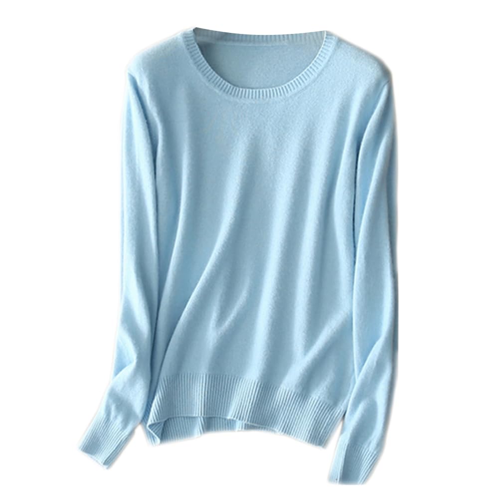 Mmyomi Women's Light Blue Crewneck Knitted Jumper Sweater Casual Long Sleeve Pullover Lightweight Classic Blouse Tops