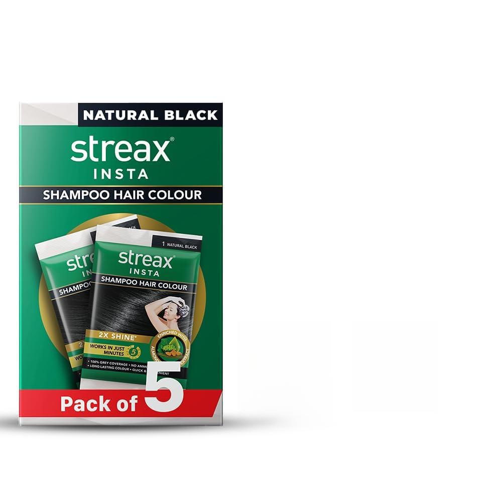 Streax Insta Shampoo Hair Colour for Women & Men, Natural Black 1 - Pack of 5|Hair Colour Black|100% grey coverage |Long Lasting Hair Color, easy to use| Ammonia Free Hair Color, No Paraben & Sulphate