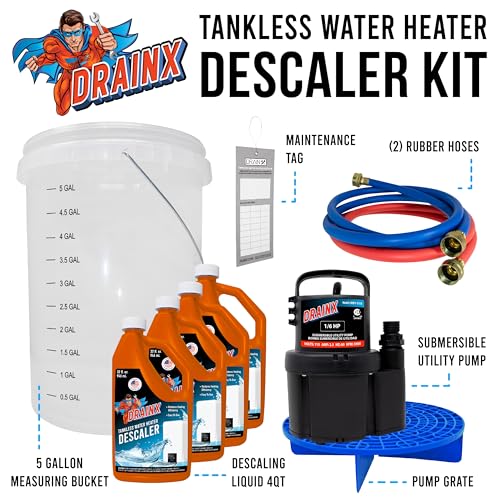 DrainX Tankless Water Heater Flush Kit Includes 4 Quarts of Eco Friendly and Powerful Liquid Descaling Solution for 4 Uses, 5 Gallon Bucket and 1/6HP Extra Strength Pump