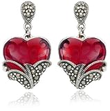 Amazon Collection Sterling Silver Marcasite and Garnet Colored Glass Heart Earrings