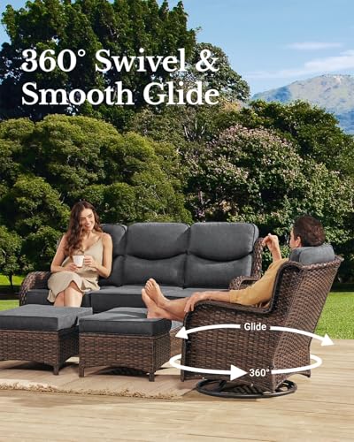 HILLGA Luxury Patio Furniture Set with 6-inch Thick Cushion, Outdoor Couch and High Back Swivel Rocker Patio Chairs, 7PCS Wicker Conversation Set for Deck Yard and Poolside, Dark Grey (V2)