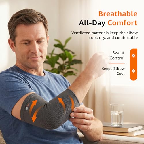 Image of Amazon Basics Elbow Support Sleeve | Even Compression for Elbow Comfort | Breathable Fabric | Padded Design for Daily Stability | Unisex | Medium