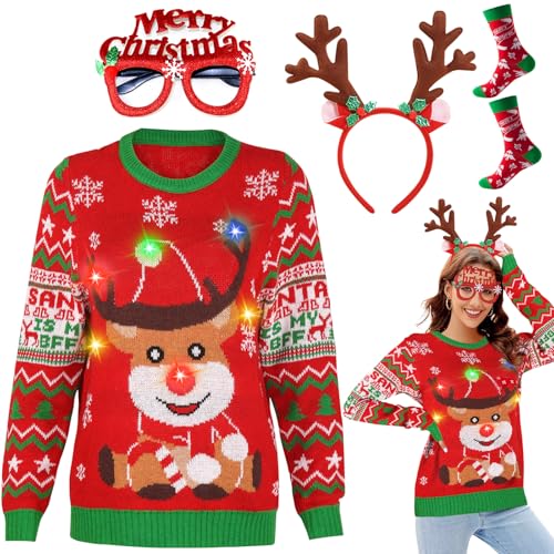 Light Up Ugly Christmas Sweater for Women 2024 with Lights Glasses Socks Reindeer Ugly Xmas Sweater Women LED Festive Holiday Hilarious Tacky Funny Ugly Christmas Sweaters for Women Couples L