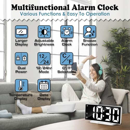 Image of LED Digital Alarm Clock for Bedroom, Plug in Clocks with Dual Alarm /Snooze /Temperature Waterproof 3 Brightness Level, Big Numbers Display and Battery Backup for Desk, Table, Office (White)