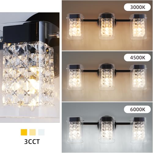 Image of 3 Lights Crystal Bathroom Light Matte Black Wall Light,E12 Bulb excluded | Wall Mount Bathroom Light Fixture Over Mirror Crystal Glass Shade Indoor Vanity Light for Bathroom,Living Room or Bedrooms