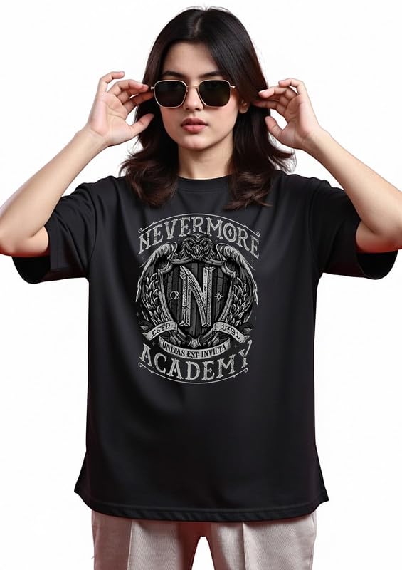 the duffers Women's Oversized Cotton T-Shirt - Wednesday Nevermore Graphic Print Tee - Baggy Boyfriend Fit Drop Shoulder Half Sleeve T-Shirt - Vintage Sci-Fi Horror Theme-picture-32