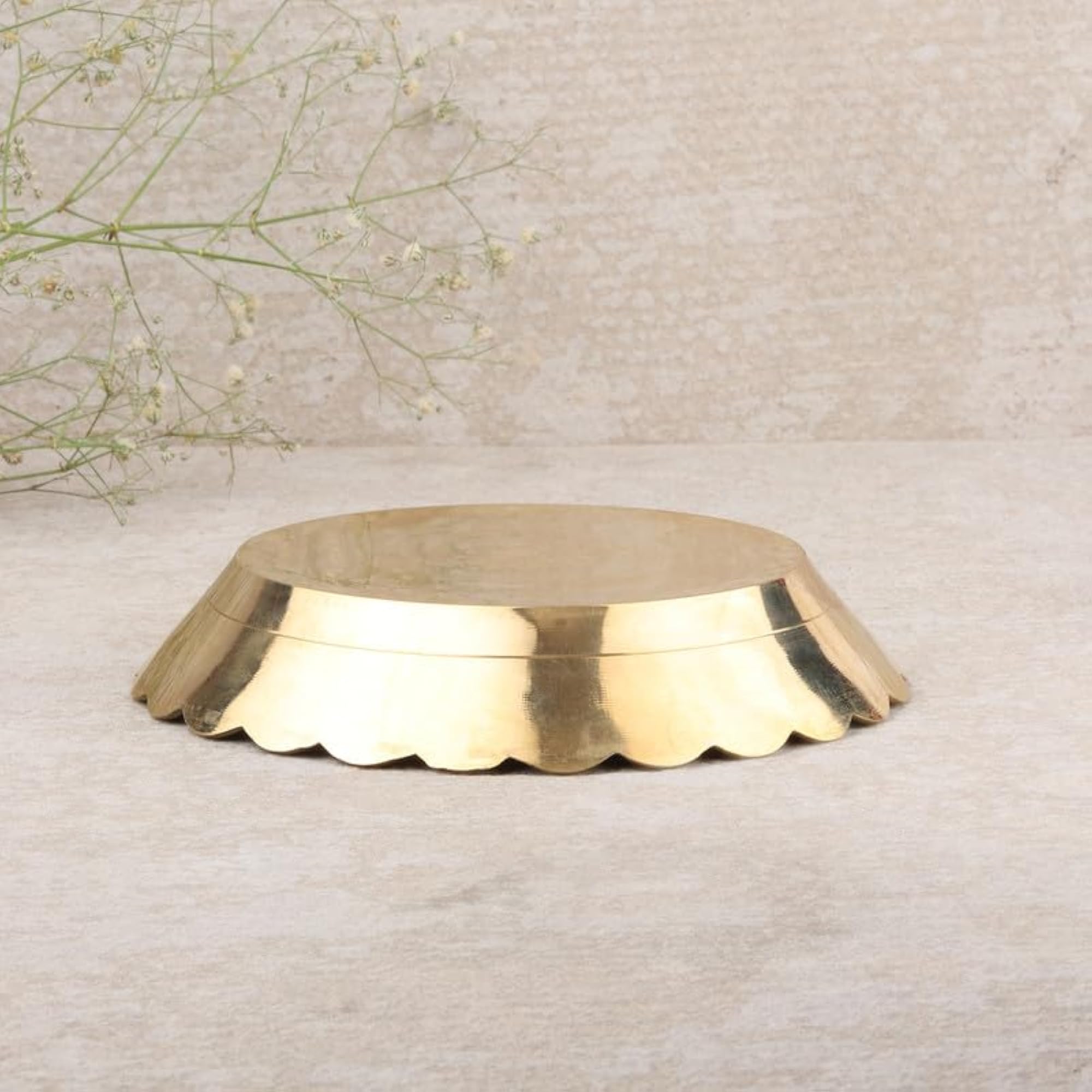 Handmade Pure Brass Crafted Puja Thali with Flower Embossed Design