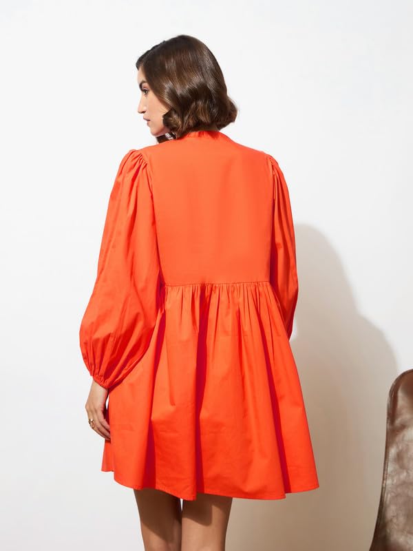 Image of barcino Black Poplin Puff Sleeves Gathered Loose Dress