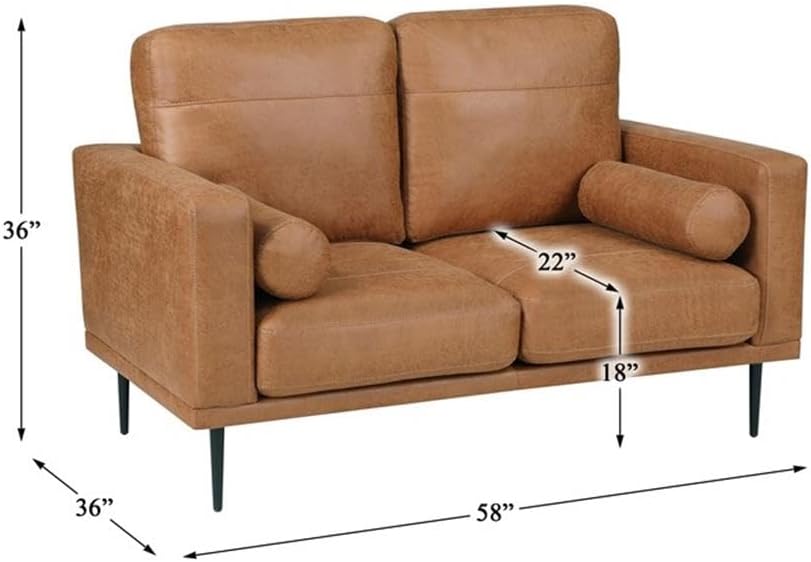 Pemberly Row Polished Microfiber Loveseat, Brown Upholstery, Solid Wood and Plywood Frame, Foam Padding, Black Metal Legs, Bolster Pillows, Reversible Cushions, Retro Modern Living Room Seating