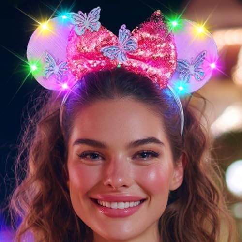 JAKAWIN Light Up Mouse Ears Headband Glowing Bow Headband Costume Hair Accessories for Women (2 Pink Bow)
