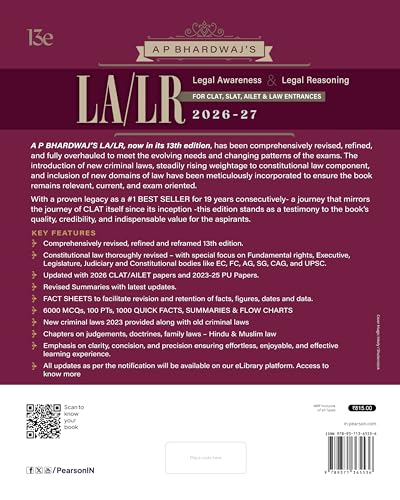 Image of Pearson Legal Awareness & Legal Reasoning (LA /LR) 2026-27 for CLAT, SLAT, AILET |Also Useful for DU, BHU, IPU, HPU, KU & MAH (CET Law) Entrance Exams | CLAT & AILET 2026 and PU papers (2023-2025)