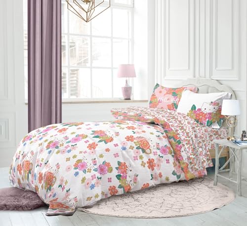 Image of Sanrio Hello Kitty Full Comforter Set 7 Piece Floral Bedding, Multi | Bed in a Bag, Comforter Sheets Shams Pillowcases, Official Product, Soft Microfiber, Machine Washable, Girls Gift