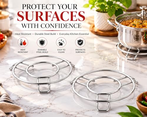 Image of Ajay's Shoppe Stainless Steel Hot Pot Stand Set of 2 | Heat Resistant Trivet for Kitchen Counter & Dining Table | Pot Holder for Cookers, Pans, Kadhai & Serving Dishes