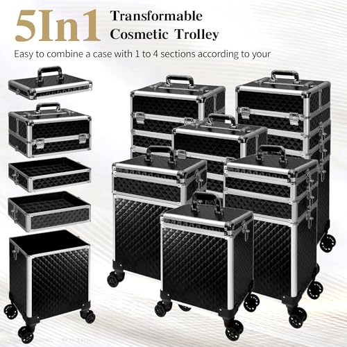 Image of 5 in 1 Rolling Makeup Train Case Professional Cosmetic Trolley Large Storage Organizer on Wheels for Hairstylist Artist Nail Beauty Salon Barber Black