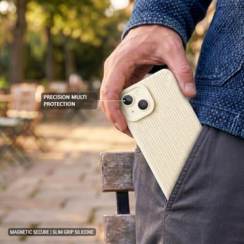 Image of amazon basics Luxury 3D Knitted Texture Soft Silicone Back Cover for iPhone 14 | Slim Fit Shockproof Case with Camera Protection & Non-Slip Grip - Cream