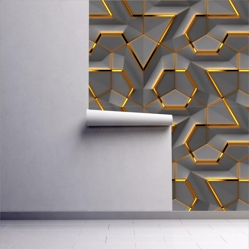 Image of Wallpaper for Walls | Vertical Wood Wall Stickers for Wall Decor | Self Adhersive Wall Paper for Home Kitchen Living Room and Bedroom | 45 Cm X 500 Cm | (BLECK Gold Hexagon Geometric Wallpaper)