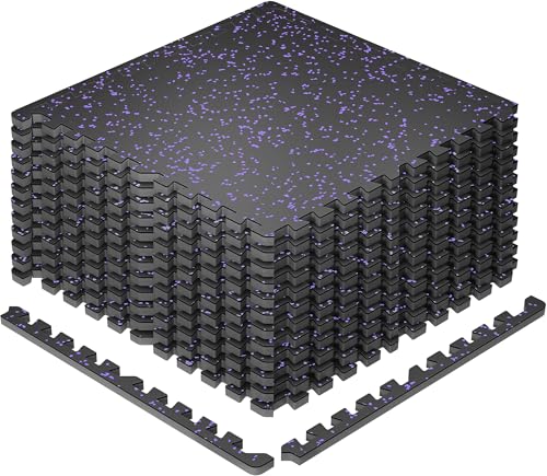 Image of SUPERJARE 0.79'' Extra-Thick Exercise Equipment Mats, 12 Pcs 48 Sq Ft Rubber Top Floor Tiles with High Density EVA Foam, Interlocking Gym Flooring for Home Gym, Protective Workout Mat, Black /Purple