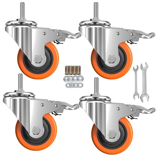 Image of Heavy Duty Stem Caster Wheels M10-1.5X25mm Dual Locking No Noise PVC Threaded Stem Caster Wheels Pack of 4 for Workbench, Dolly, Furniture (2 Inch, Orange)