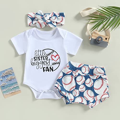 Chloefairy Newborn Baby Girl Baseball Outfit Little Sister Biggest Fan Romper Ruffle Baseball Shorts Set2