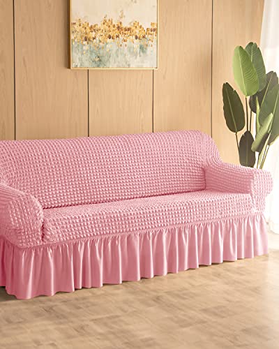 Bluesurge Sofa Slipcover 1 Piece For 3 Cushion Couch Cover With Skirt, Durable Washable High Elastic Stretchable, Easy Fit Universal Furniture Protector (3 Seater, Pink) #TOP6