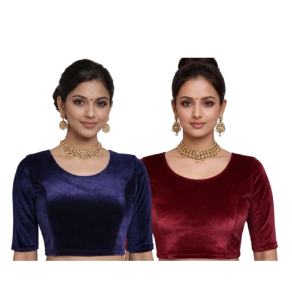Women’s Velvet Saree Blouse Combo Pack of 2, Round Neck Elbow Sleeve Stretchable Readymade Blouse for Saree, Solid Stitched Blouse for Women, Size XL-picture-25