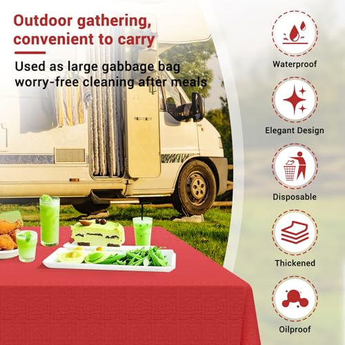 Image of Red Tablecloth for Rectangle Tables 10 Pack, 54''x108'' Disposable Paper Table Cloth for 3-9 Ft Tables, Paper & Plastic Party Table Cover for Birthday, Outdoor, Wedding, Banquet