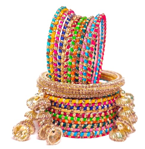 Image of Swara Creations Metal bangles /kada Set wrapped in Silk Thread & golden dots for Women & Girls (24 Pcs)