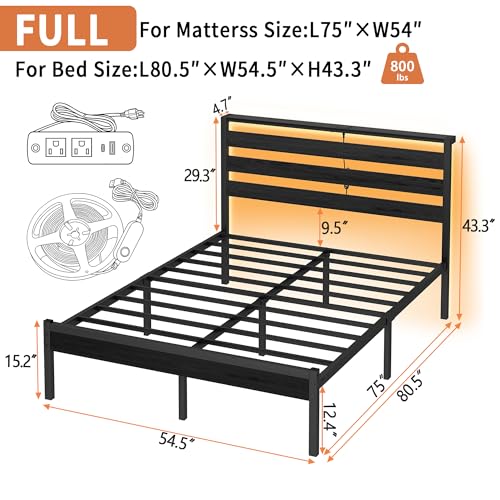 Image of CLIBFENG 14 Inch Classic Metal Platform Bed Frame-Full Size Bed Frame with Headboard,Steel Slats Support-LED Bed Frame with USB Charging Station,Under Bed Storage,No Box Spring Needed,Noise Free