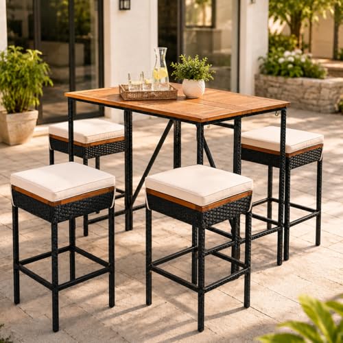 Thctvous 5-Piece Outdoor Bar Set, Foldable Outdoor High Top Table and Chairs with Removable Cushions, Wicker Dining Set for Patio Balcony Backyard