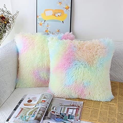 OYIMUA Set of 2 40 x 40cm Faux Fur Fluffy Cushion Covers Soft Throw Pillow Case 16x16 Rainbow Decorative Square Plush Pillowcase for Livingroom Sofa Bedroom Cover