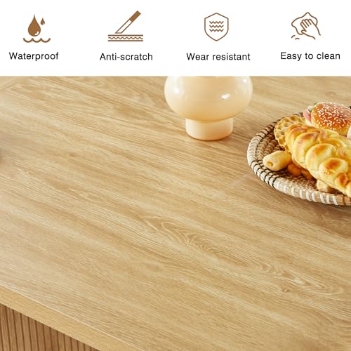 Image of 70.8 Inch Kitchen Dining Table for 4-6 People, Oval Kitchen Table with Wood Strip Base, Modern Farmhouse Large Round Dining Room Tables for Living Room (Natural)