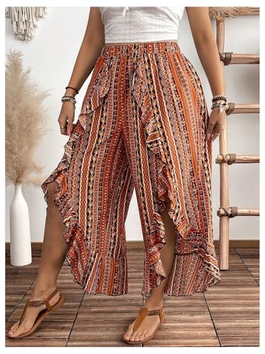 OYOANGLE Women's Plus Size Boho Print Ruffle Trim Cropped Pants Slit Wide Leg High Waist Casual Trousers2