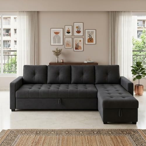 Image of FURNY Virsa 6 Person Seating RHS L Shape Sofawith Pull Out Bed & Storage Lounger | Premium Soft Velvet Suede Fabric | Comfort Cushions | Ideal for Living Room, Hotel & Office (Dark Grey)