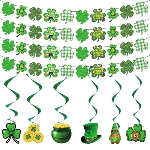 10Pcs St. Patrick's Day Decorations Set with 6 Hanging Shamrock Clover Swirls 4 Buffalo Plaid Dark Green Light Green Banner Hanging Ornaments for St. Patrick's Day Decorating Indoor Outdoor Party