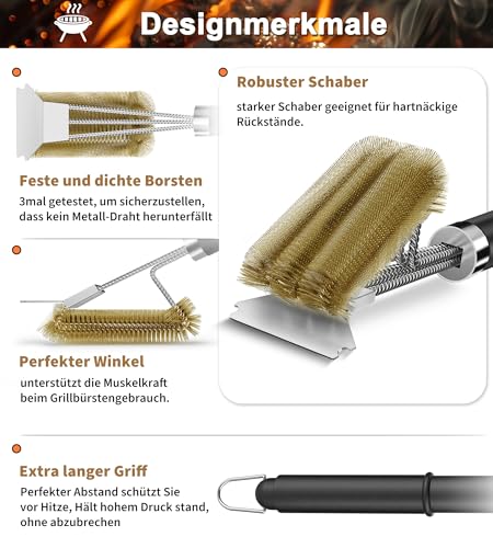 TNTOR Grillbürste Messing, Grill Messingbürste mit Messing Borsten, Edelstahl Grillschaber und Extra Langer Wärmedämmung Griff, für Gasgrill, Holzkohlegrill, Kugelgrill, Elektrogrill und Grillrost.