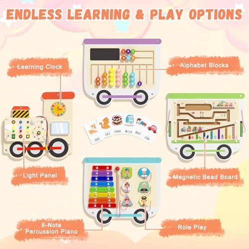 Image of Montessori Sensory Board - Electric Train Wooden Wall Busy Board, Toddler Learning Panel Wall-Mounted, Interactive Playroom Activity Gifts for Kid, Educational Toys for 3-6 Years (Colorful Train)